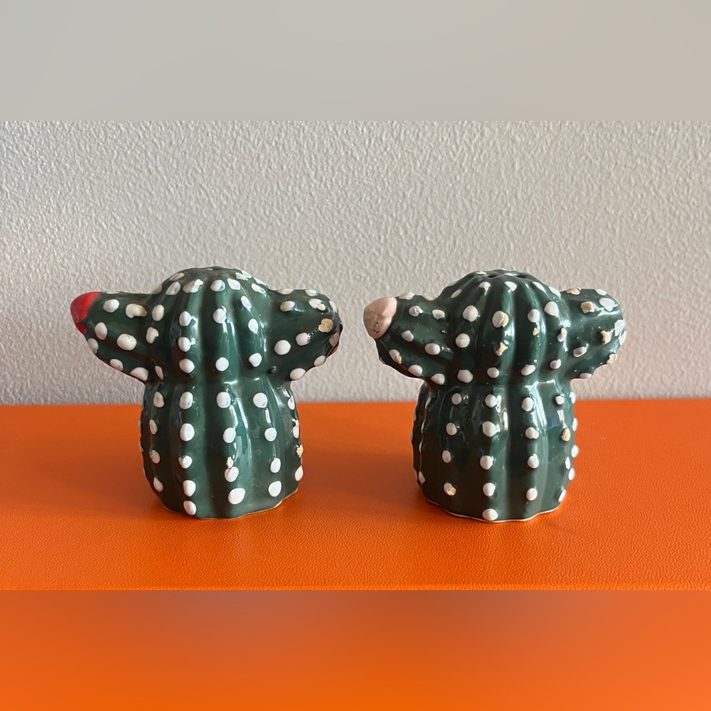 Vintage Ceramic Green Cactus Salt & Pepper Shakers - White Dot Detail